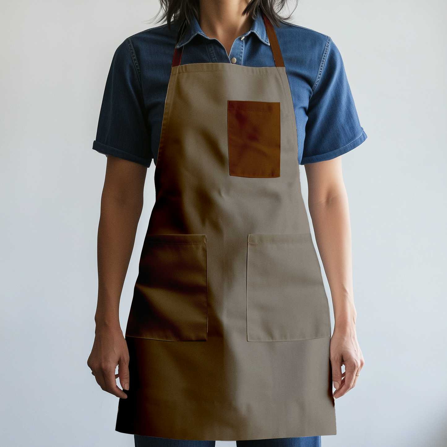 Solid Full Chef Apron in Tan with Brown Pocket