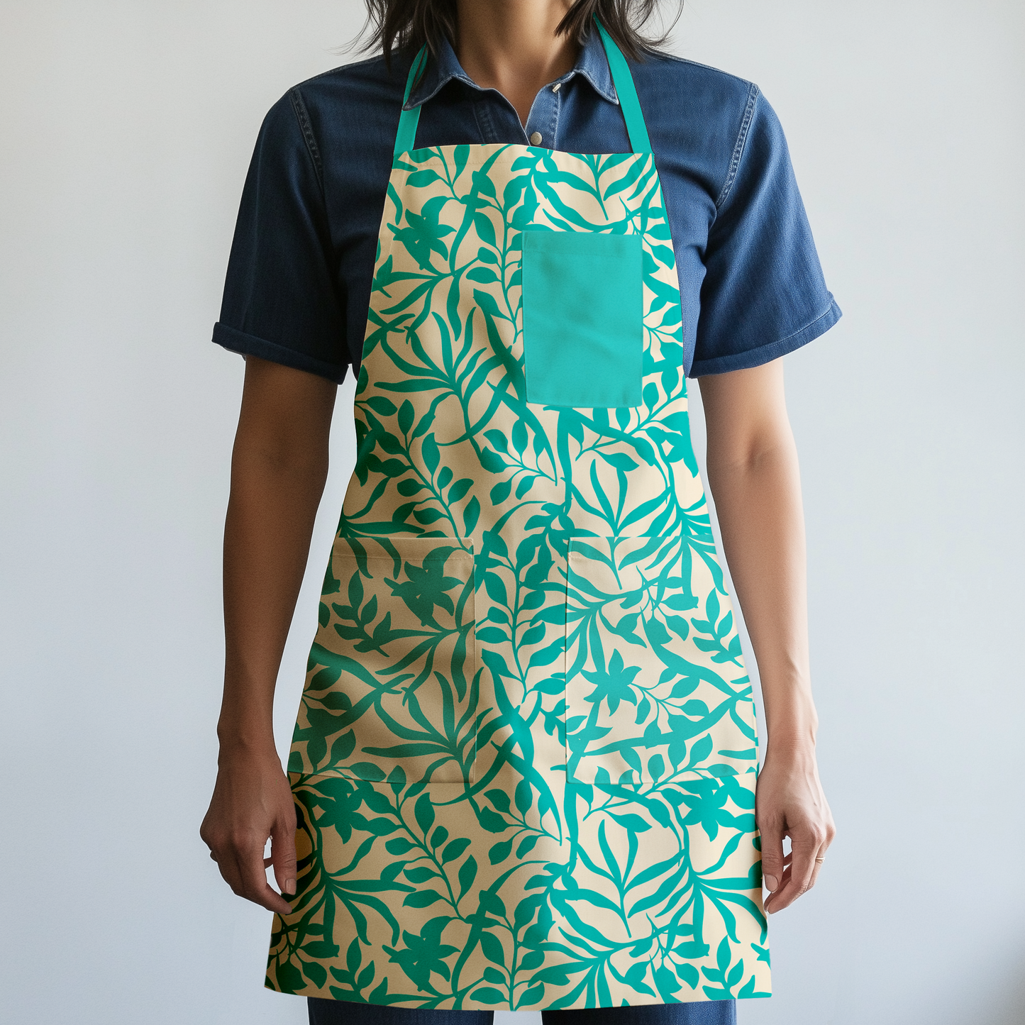 Figi Floral Full Chef Apron in Blue - Organic Cotton Canvas Mid-Weight