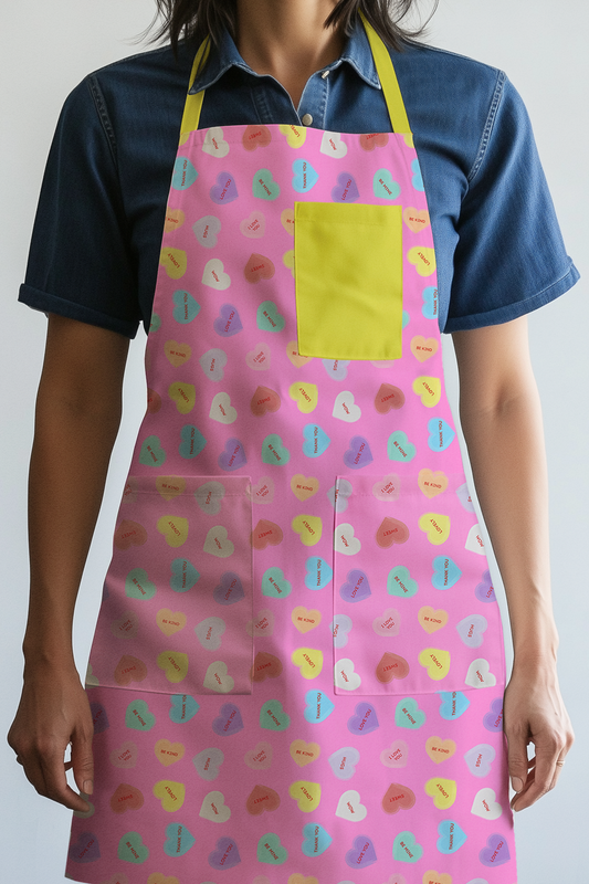 Love Pink Candy Hearts with Laughter Yellow Apron