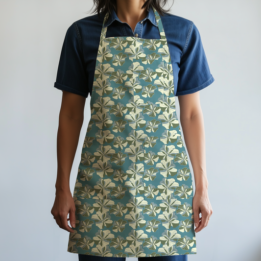 Tropical Cayena Blue & Light Yellow Full Chef Apron Organic Cotton Canvas Mid Weight