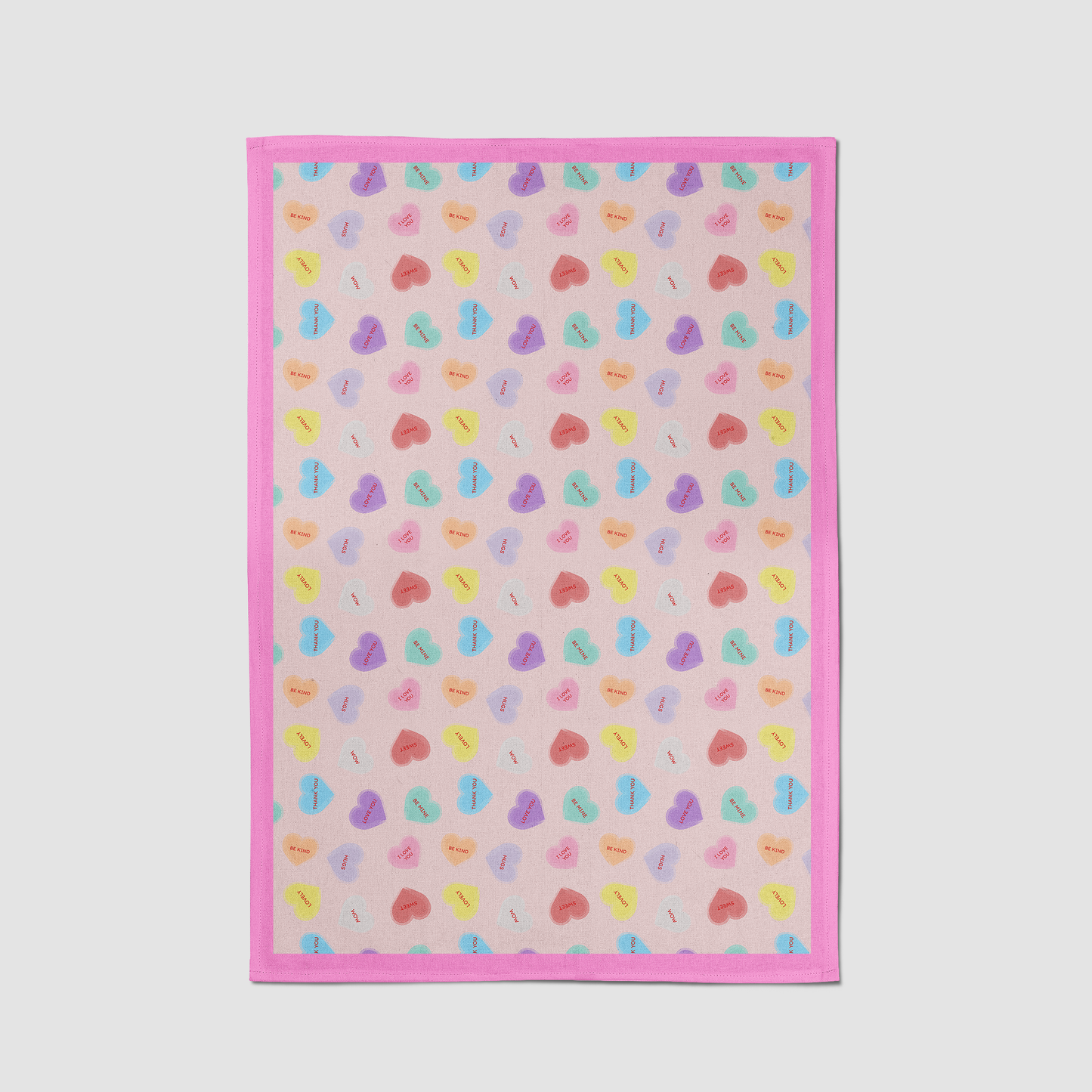 Valentine Pink Candy Hearts with Love Pink Tea Towel