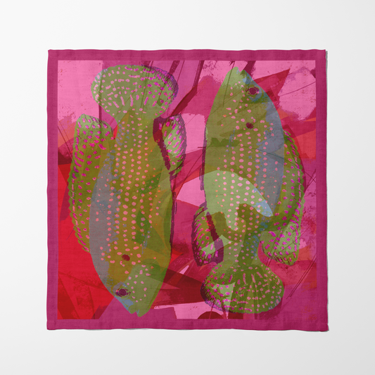 Two Fish Napkin with Pink in Lightweight Linen