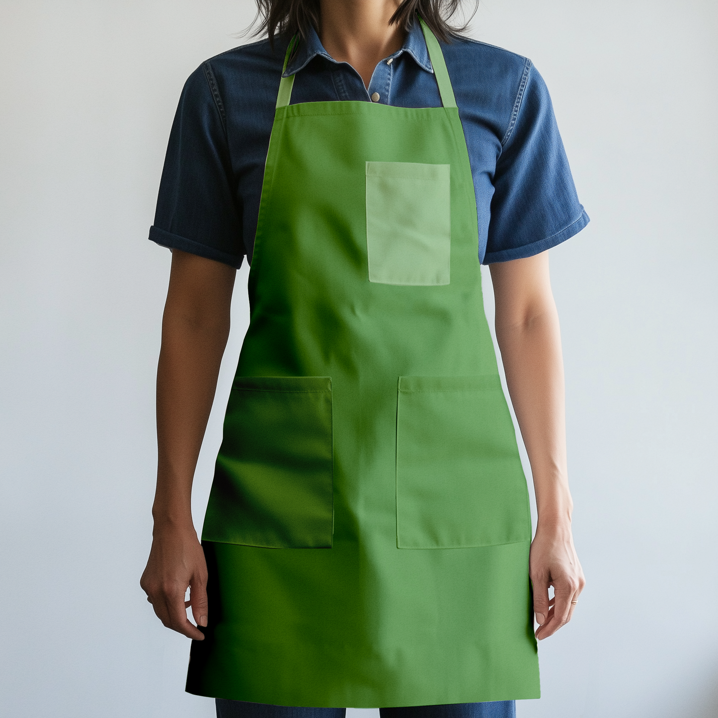 Solid Full Chef Apron in Sage with Light Green Pocket - Organic Cotton Canvas Mid-Weight