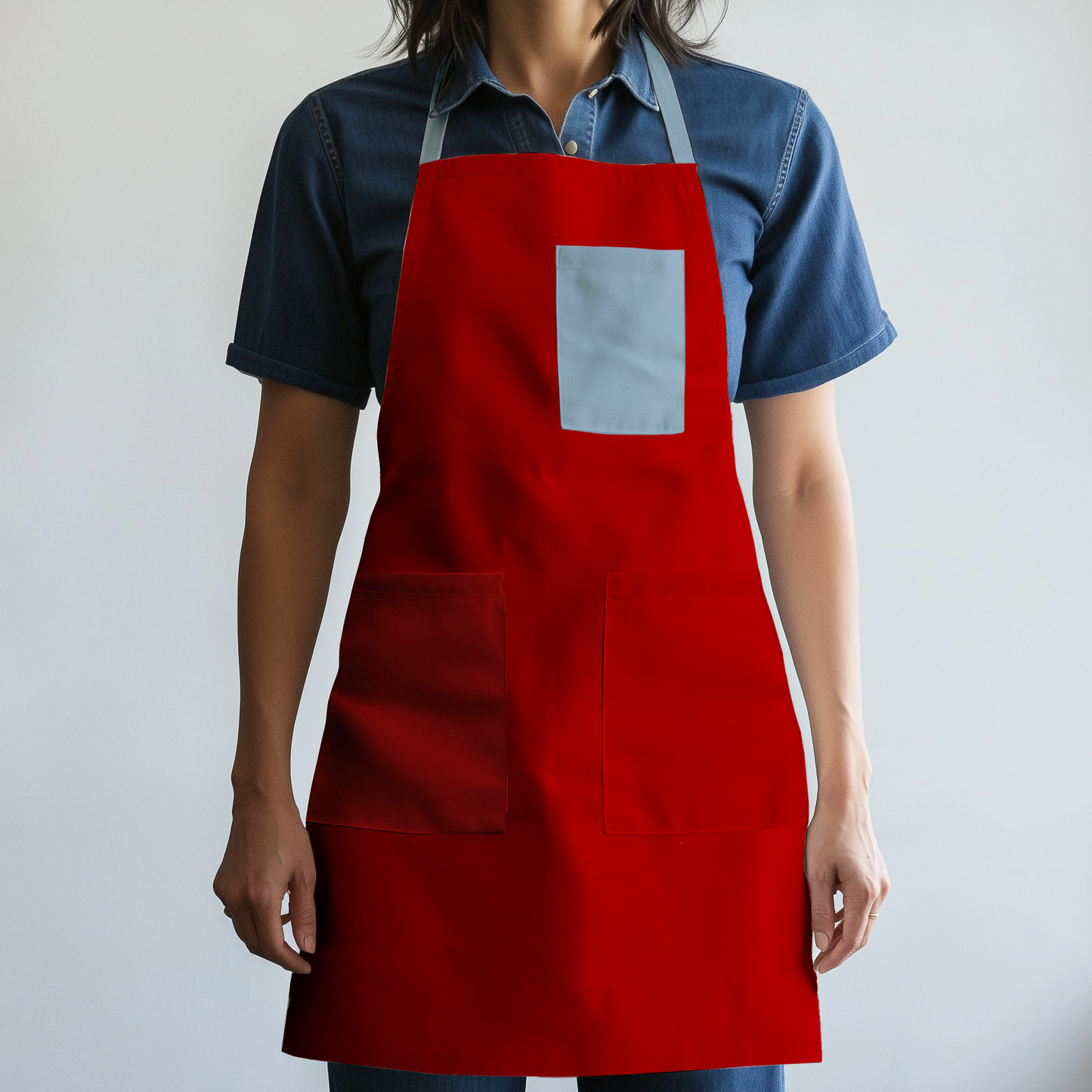 Solid Full Chef Apron in Red with Light Blue Pocket  - Organic Cotton Canvas Mid-Weight