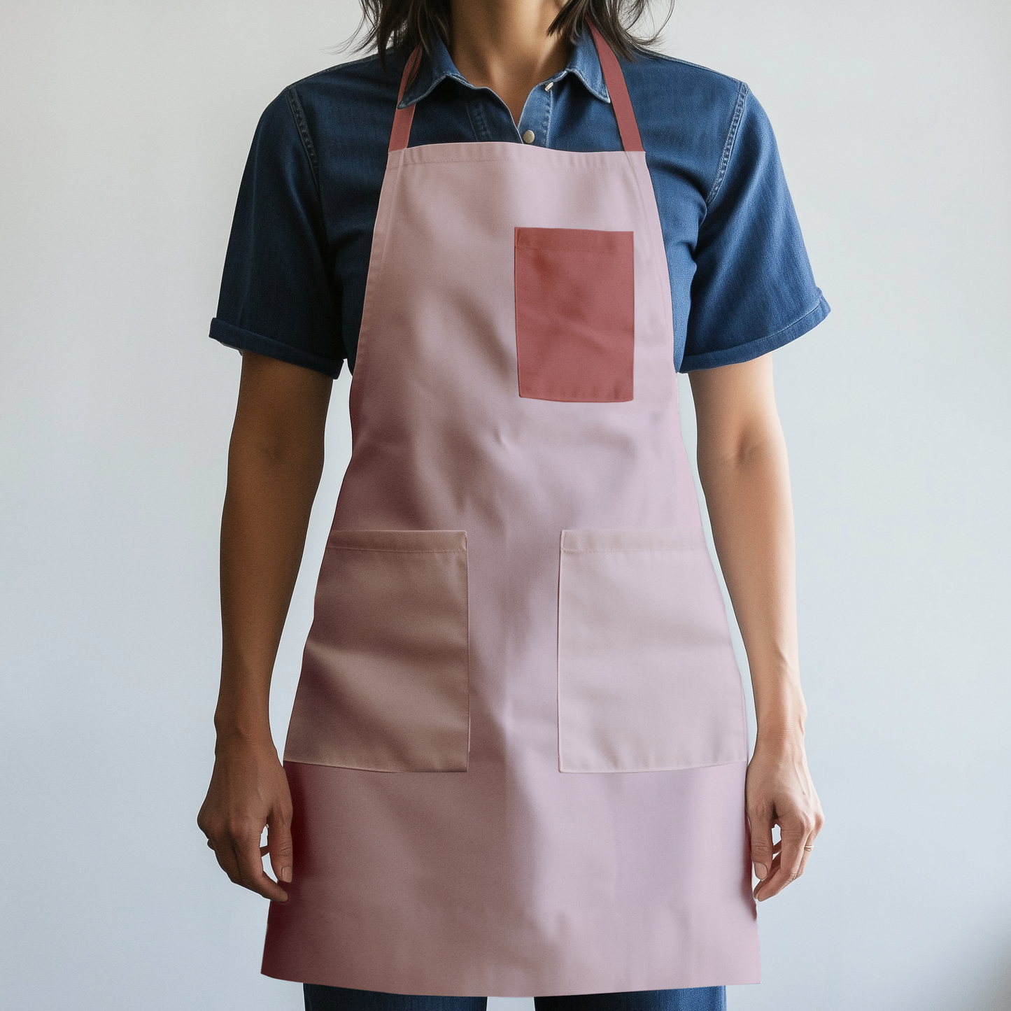 Solid Full Chef Apron in Blush with Red Pocket