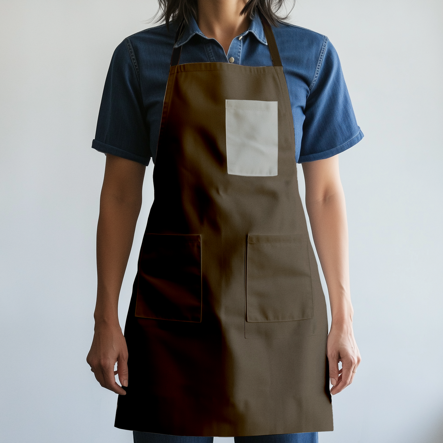 Solid Full Chef Apron in Light Brown with Bone Pocket