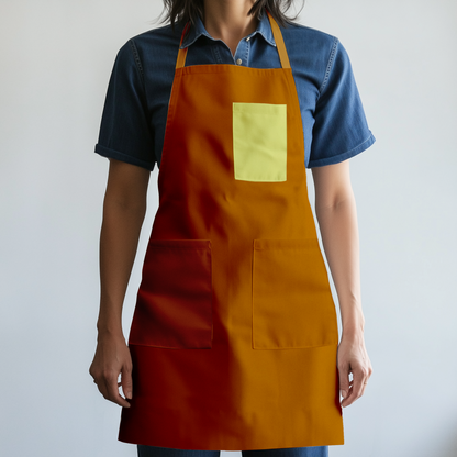 Solid Full Chef Apron in Orange with Yellow Pocket