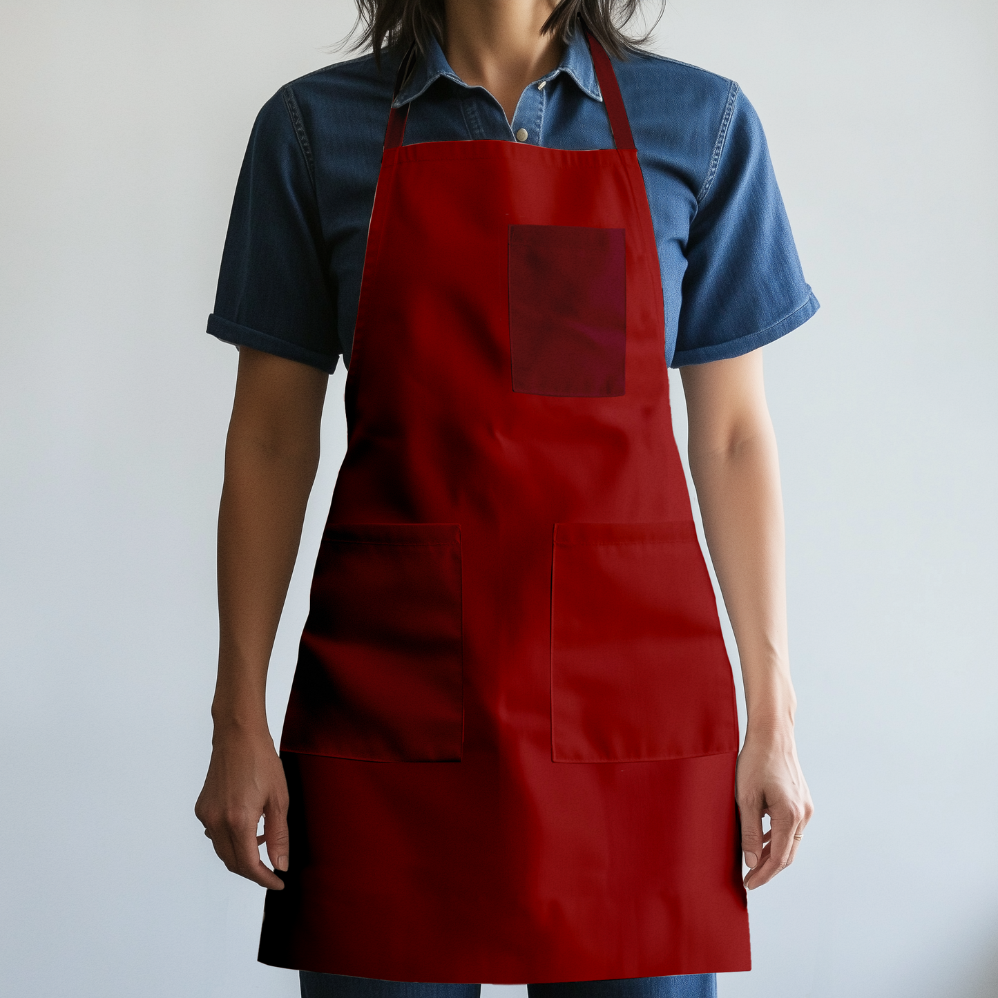 Solid Full Chef Apron in Dull Red with Deep Red Pocket - Organic Cotton Canvas Mid-Weight