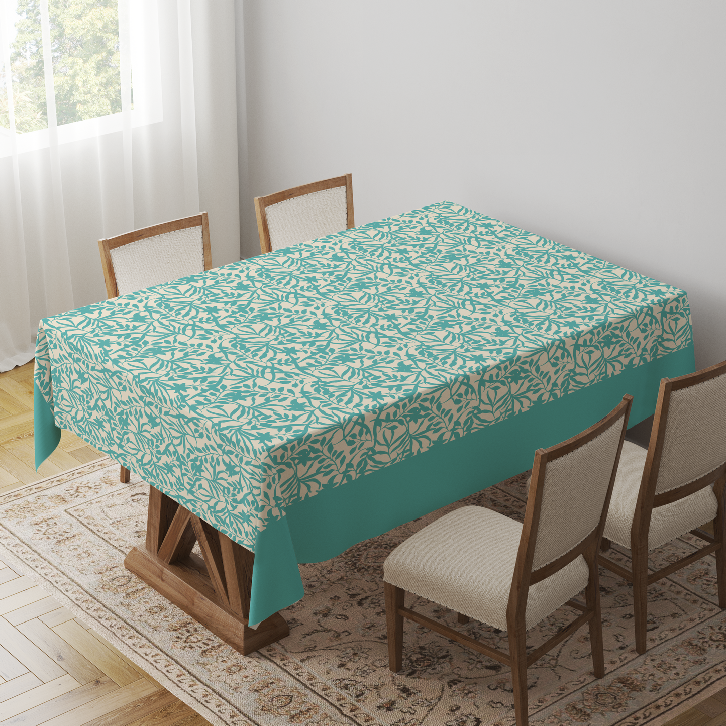 Figi Floral Tablecloth in Aqua - Mid Cotton Twill