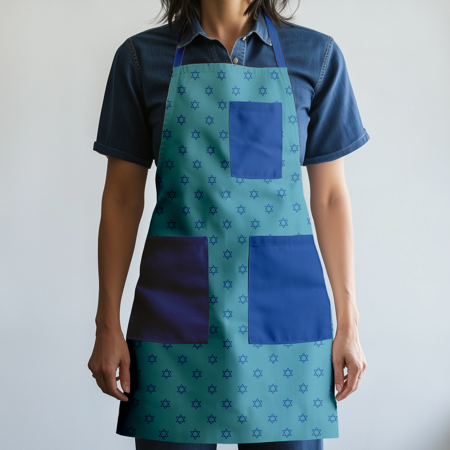 Star of David Full Chef Apron in Light Blue with Dark Blue