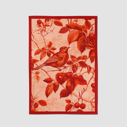 Nestled Cherries Tea Towel in Cardinal Red