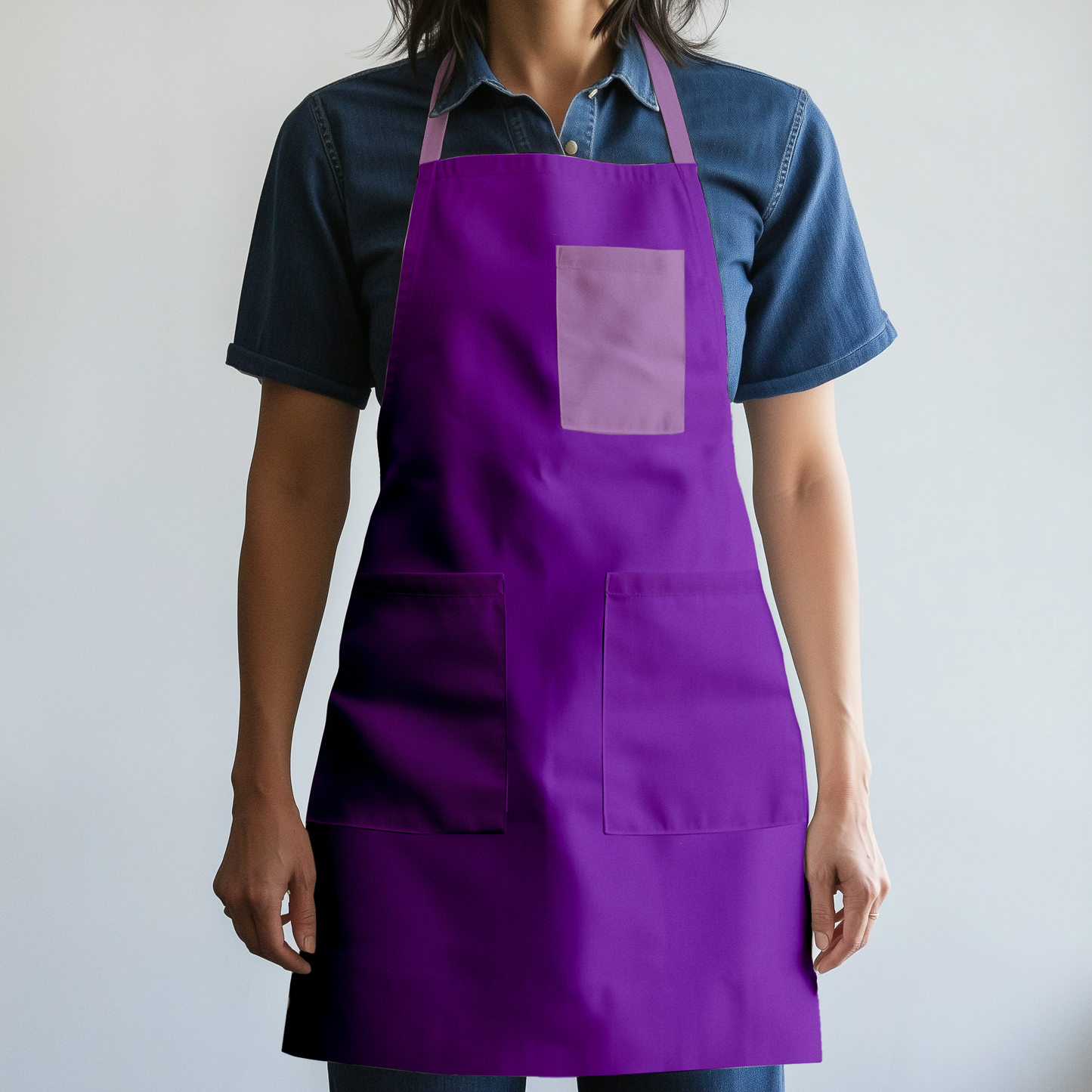 Solid Full Chef Apron in Purple with Pink Pocket - Organic Cotton Canvas Mid-Weight