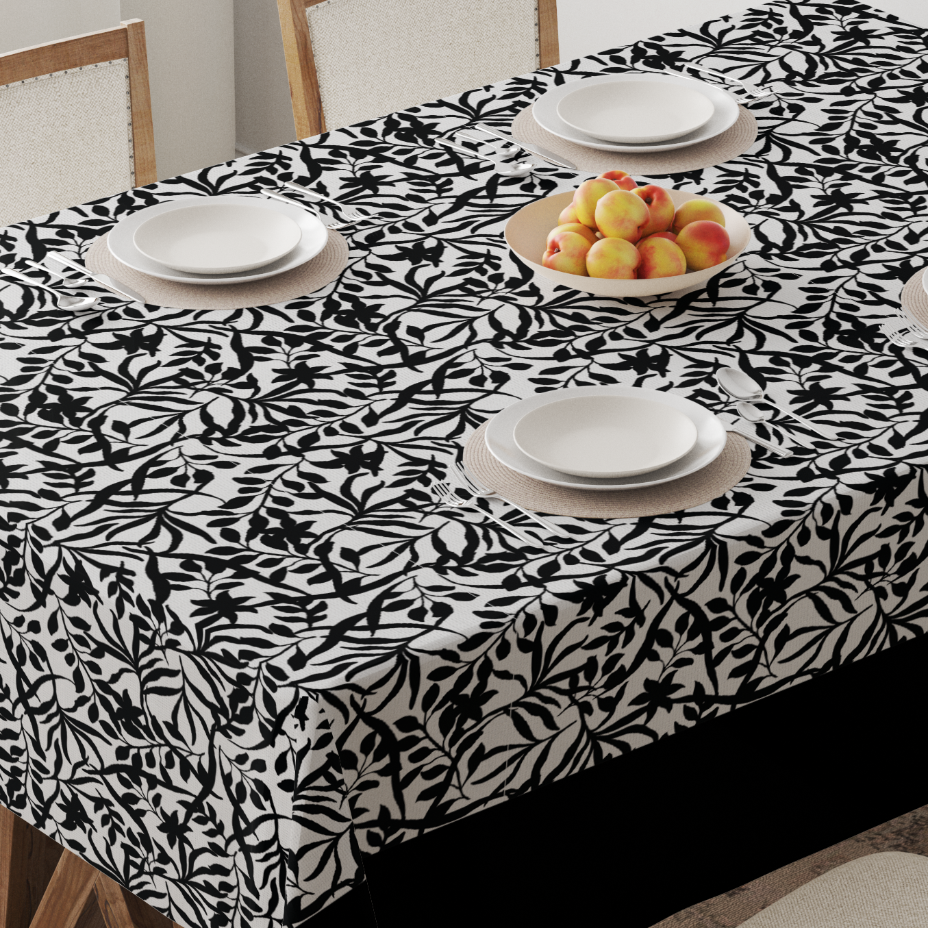 Figi Floral Tablecloth in Black & White - Mid Cotton Twill