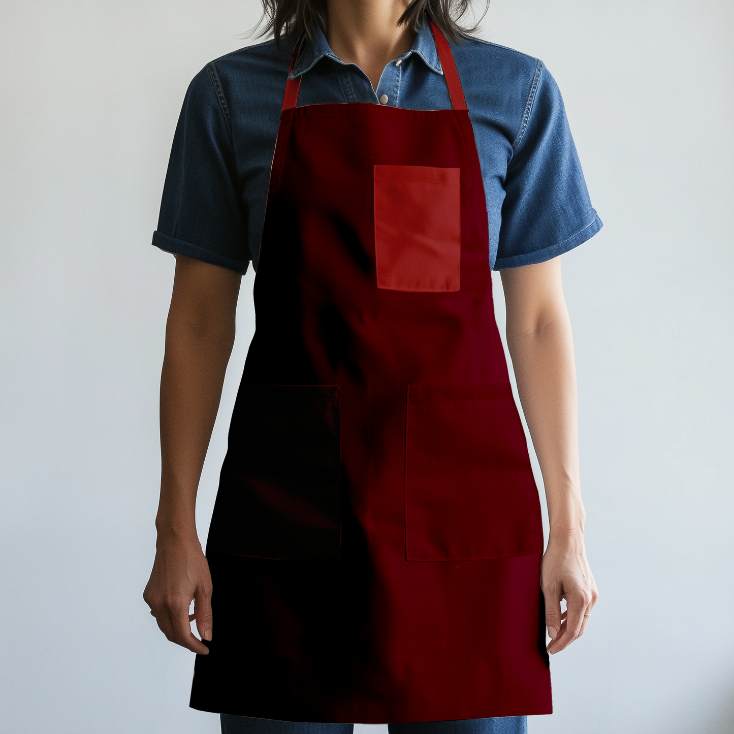 Solid Full Chef Apron in Deep Red with Dull Red Pocket