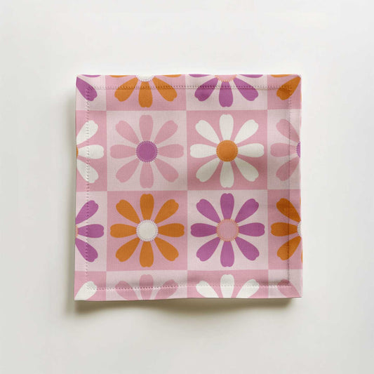 Checker Flowers Cocktail Napkin in Lightweight Linen