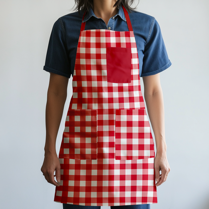 Gingham Full Chef Apron in Picnic Red - Organic Cotton Canvas Mid-Weight