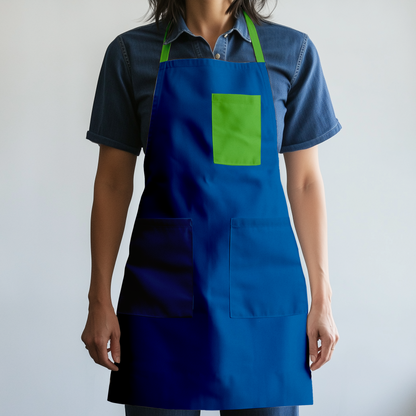 Solid Full Chef Apron in Deep Blue with Green Pocket