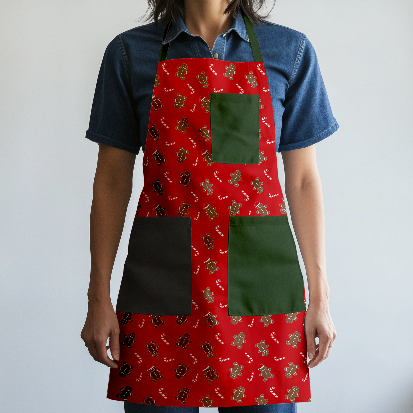 Gingerbread Dudes Full Chef Apron in Red with Dark Green