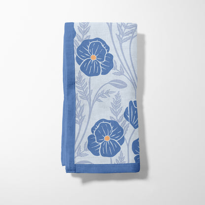 Flowing Poppies Icelandic Blue Napkin in Lightweight Linen