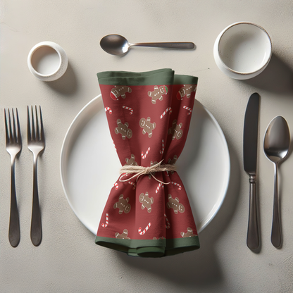 Gingerbread Dudes Napkin in Dark Red with Dark Green Border