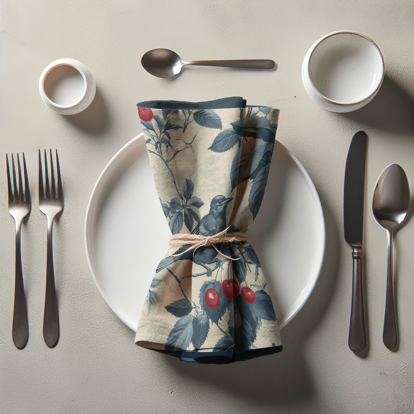Nestled Cherries Napkin in Heritage Navy in Lightweight Linen