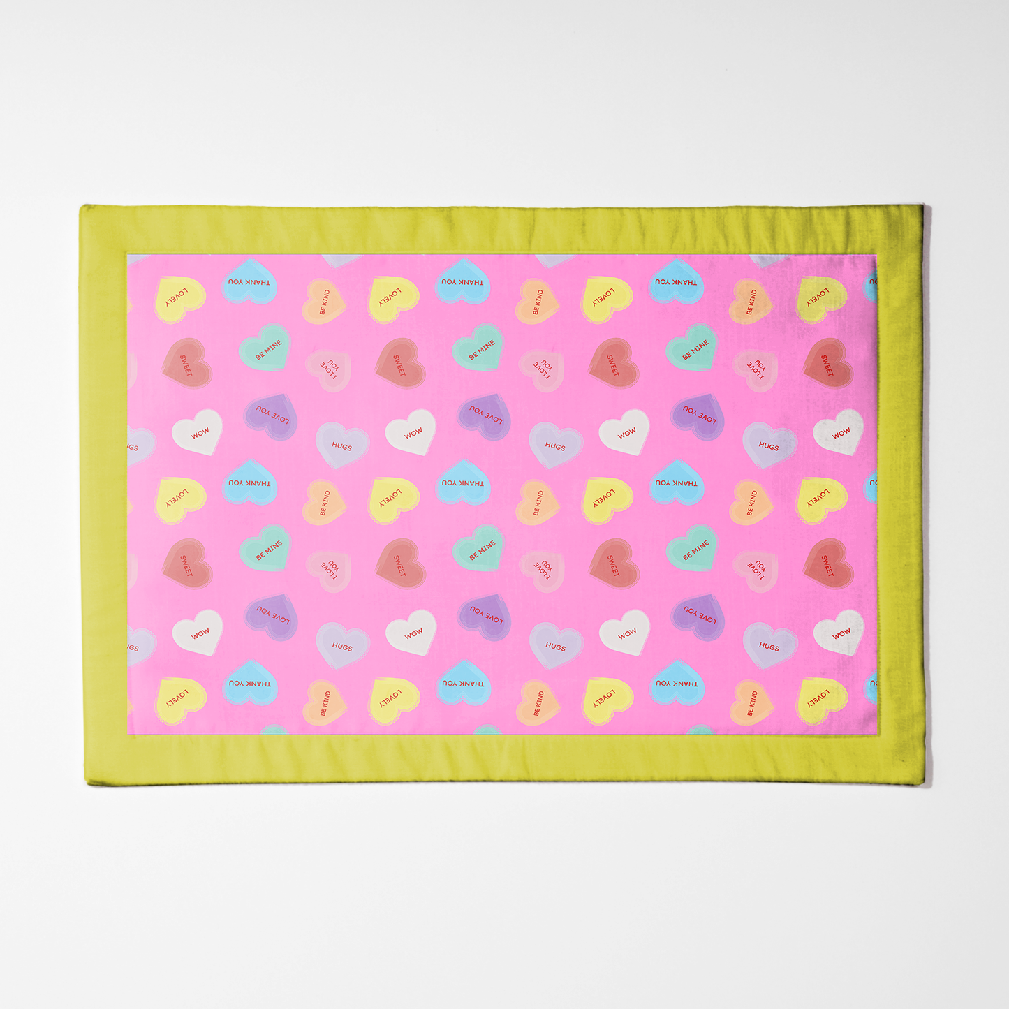 Love Pink Candy Hearts with Laughter Yellow Placemat