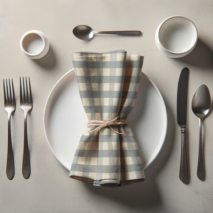 ONE Small Gingham Napkin - Stone in Organic Cotton Voile