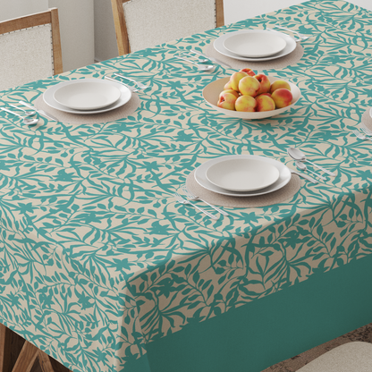 Figi Floral Tablecloth in Aqua - Mid Cotton Twill