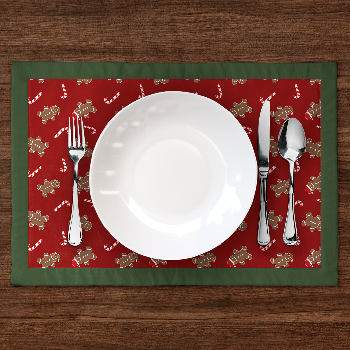 Gingerbread Dudes Placemat in Dark Red with Dark Green Border