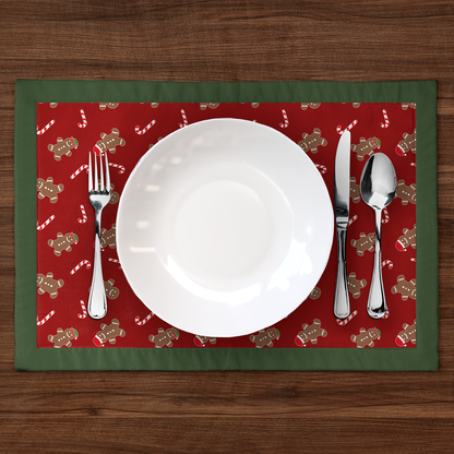 Gingerbread Dudes Placemat in Dark Red with Dark Green Border