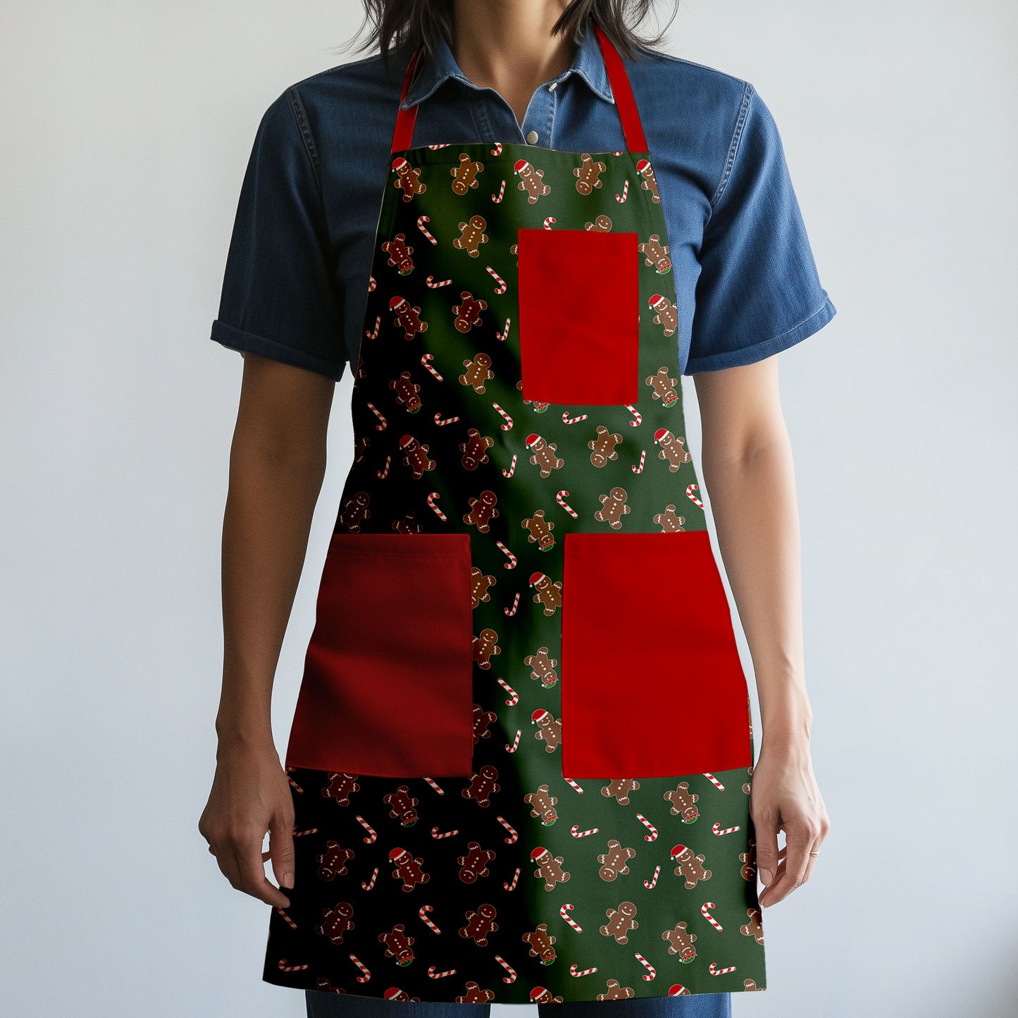 Gingerbread Dudes Full Chef Apron in Dark Green with Red