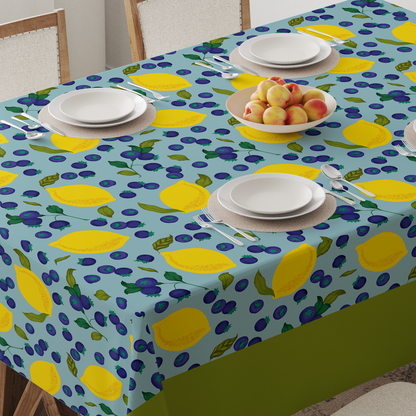 Spring Lemons Tablecloth in Aqua - Mid Cotton Twill