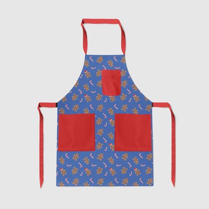 Gingerbread Dudes Full Chef Apron in Dark Blue with Red