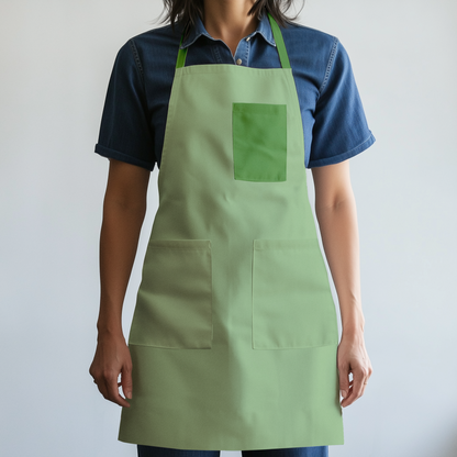 Solid Full Chef Apron in Light Green with Sage Pocket - Organic Cotton Canvas Mid-Weight