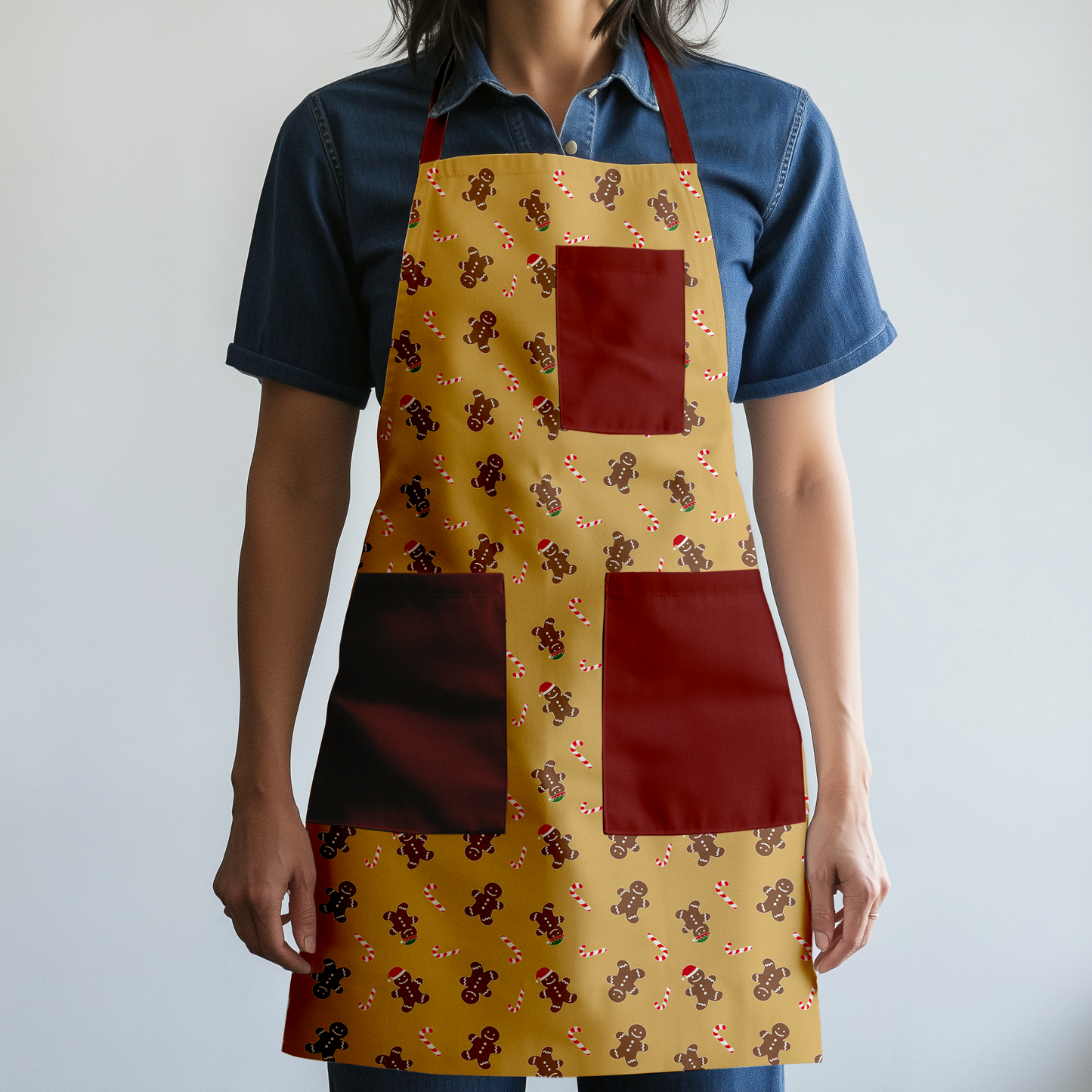 Gingerbread Dudes Full Chef Apron in Gold with Dark Red