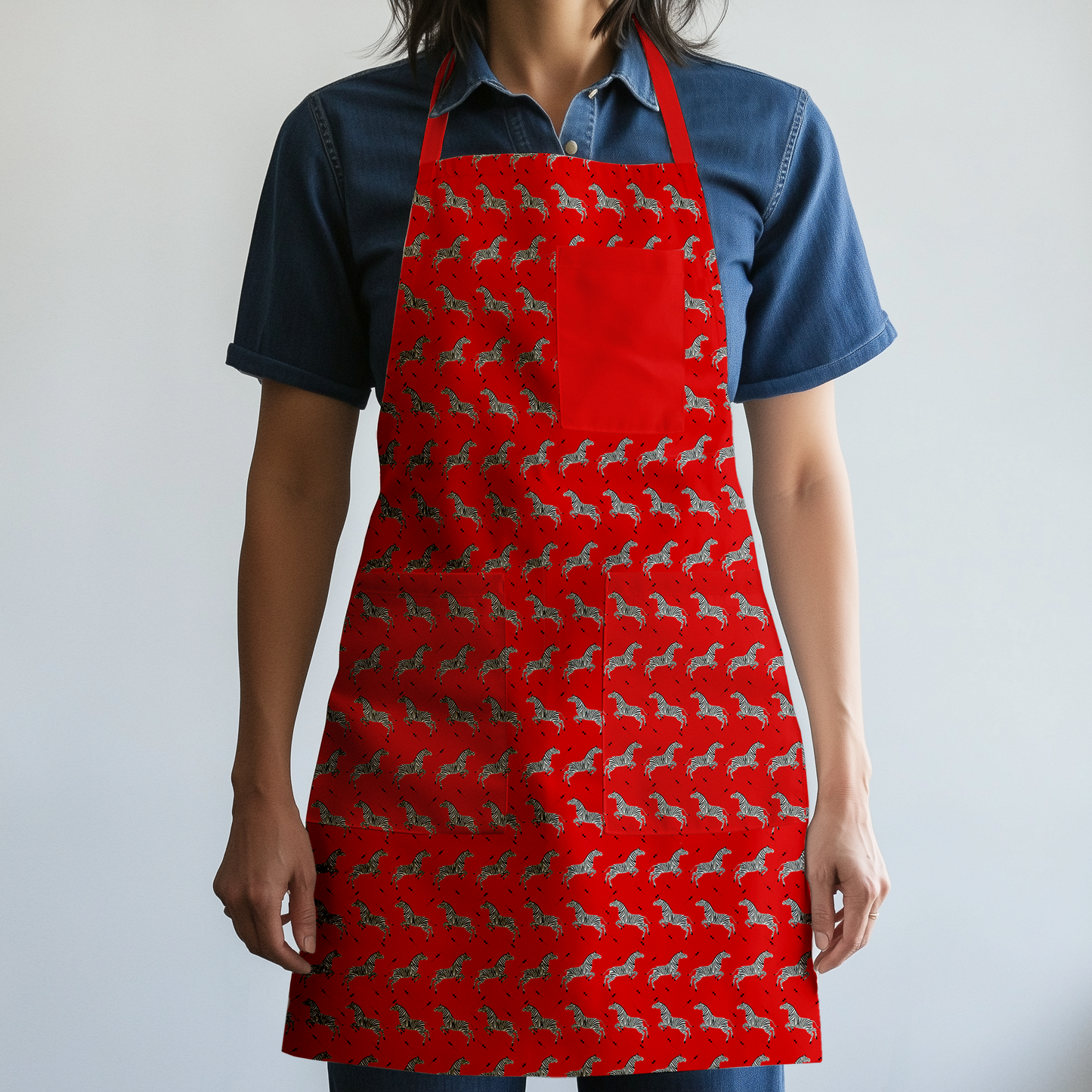 Leaping Zebras Full Chef Apron in Red - Organic Cotton Canvas Mid-Weight