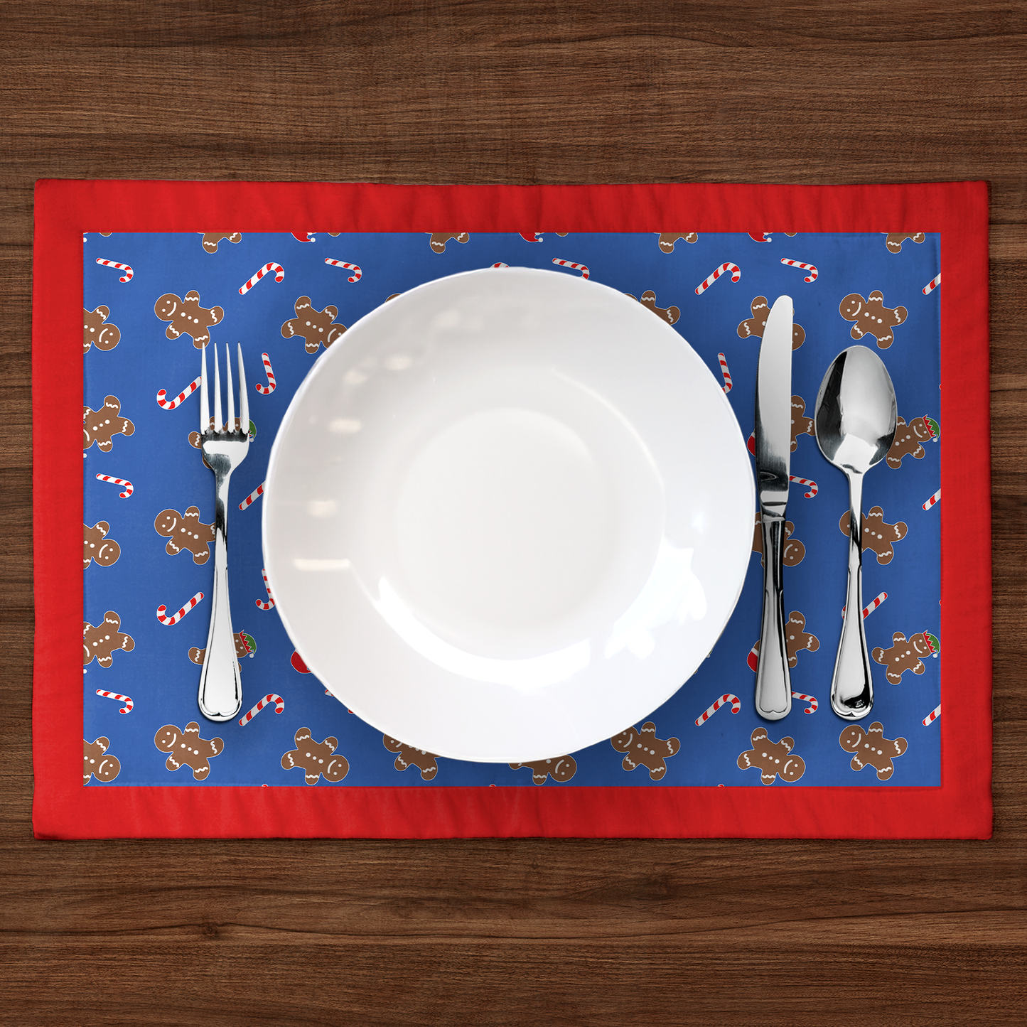 Gingerbread Dudes Placemat in Dark Blue with Light Red Border