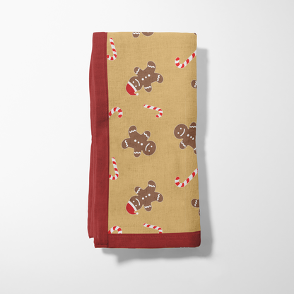 Gingerbread Dudes Napkin in Gold with Dark Red Border