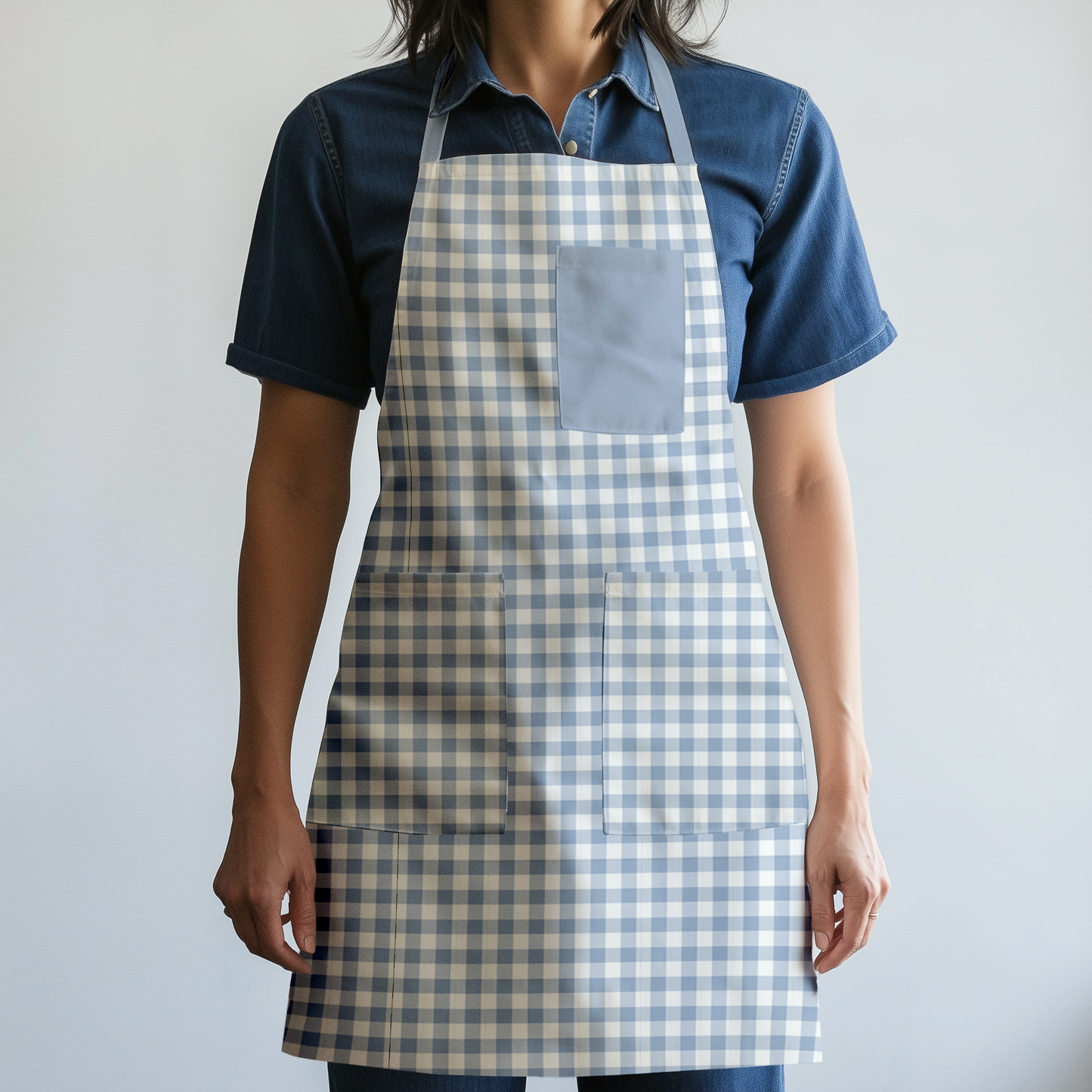 Mini Gingham Full Chef Apron in Pastel Blue