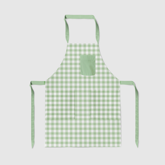 Mini Gingham Full Chef Apron in Pastel Green - Organic Cotton Canvas Mid-Weight