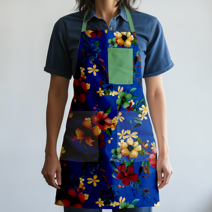 Martiniques Marigolds Full Chef Apron in Blue - Organic Cotton Canvas Mid-Weight