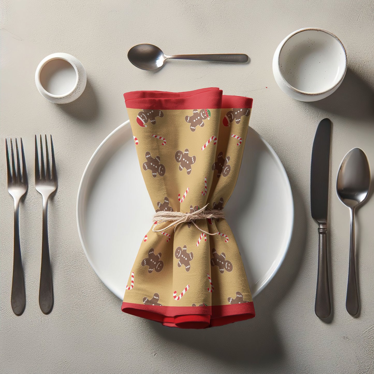 Gingerbread Dudes Napkin in Gold with Light Red Border