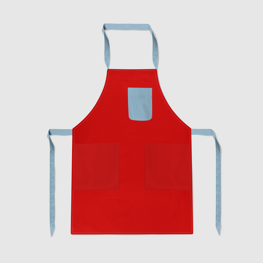 Solid Full Chef Apron in Red with Light Blue Pocket