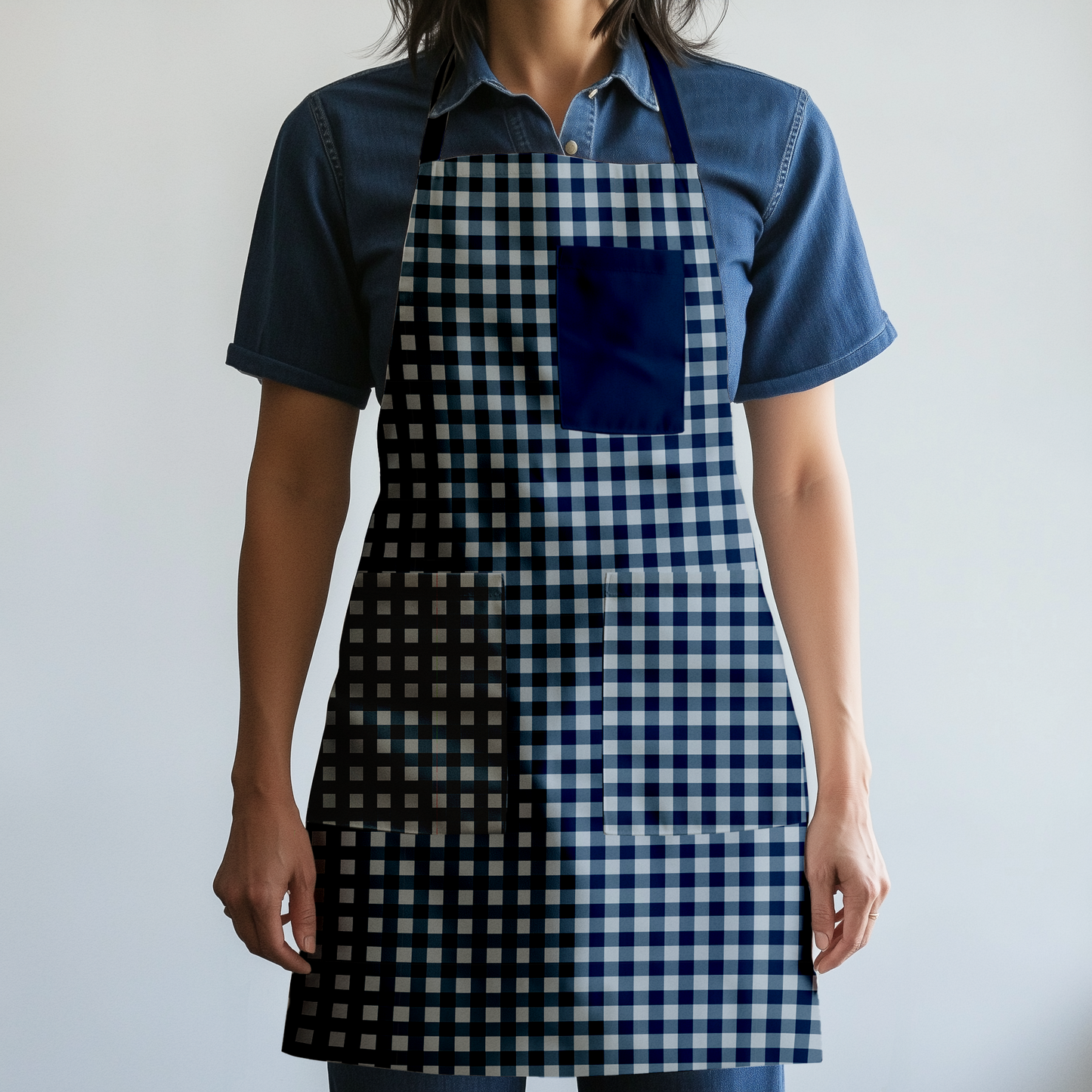 Mini Gingham Full Chef Apron in Navy - Organic Cotton Canvas Mid-Weight