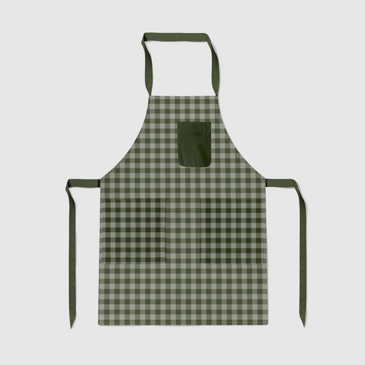 Mini Gingham Full Chef Apron in Olive Green - Organic Cotton Canvas Mid-Weight