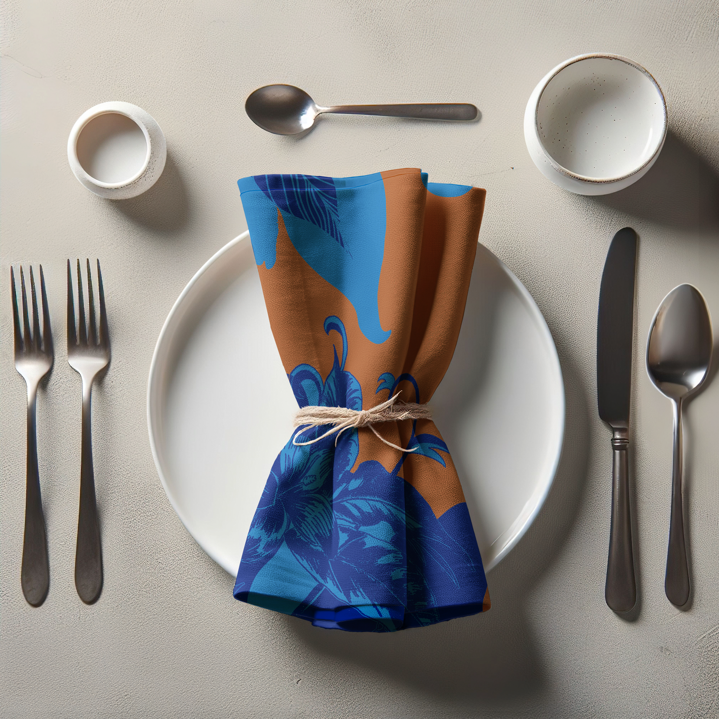 Tropical Paissage Blue & Orange Napkin in Lightweight Linen