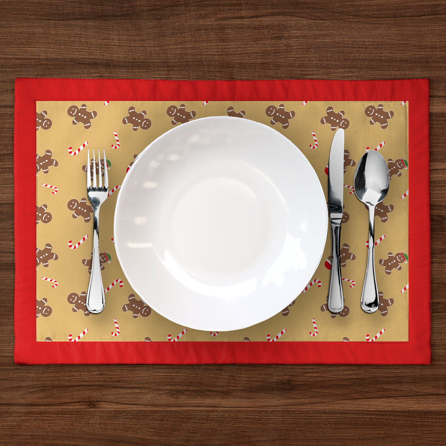 Gingerbread Dudes Placemat in Gold with Light Red Border