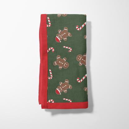 Gingerbread Dudes Napkin in Dark Green with Light Red Border