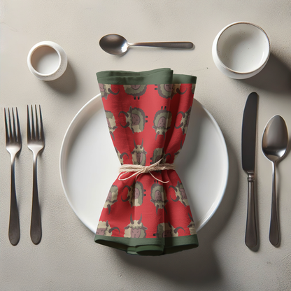 Krampus Napkin in Light Red with Dark Green Border