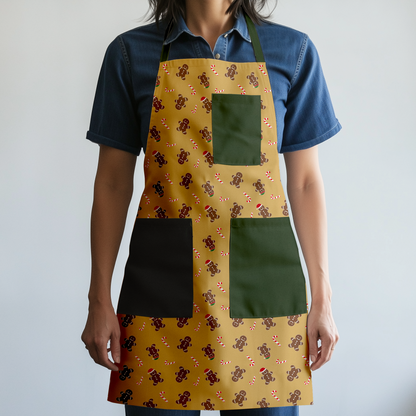 Gingerbread Dudes Full Chef Apron in Gold with Dark Green